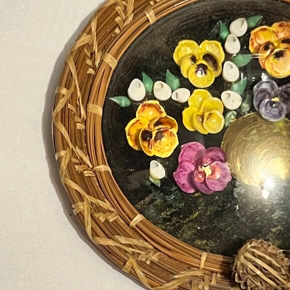 Capiz Shell Wall Decor Round Dome Glass Wicker Rattan 4.5" Boho Coastal Art - Picture 11 of 13